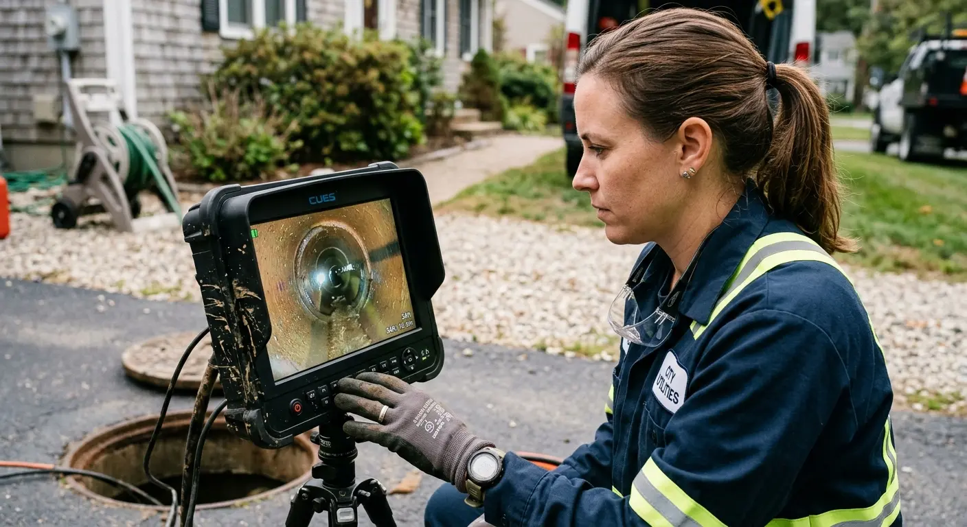 Technician reviewing sewer camera inspection footage in Ada