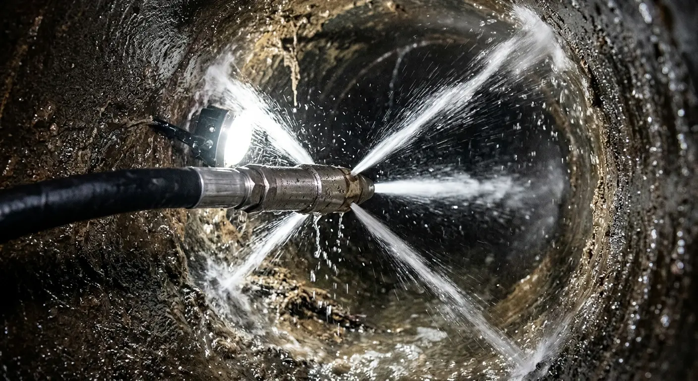 High-pressure hydro jetting nozzle cleaning sewer pipe for Trenchless Sewer Repair in Ada